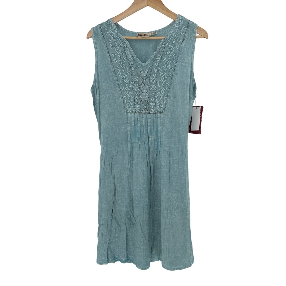 NWT Yak &‎ Yeti Blue Embroidered V Neck Sleeveless Tie Back Dress Size S